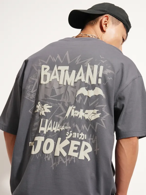 DC By Highlander Men Grey Batman Printed Round Neck Oversized Fit T-Shirt