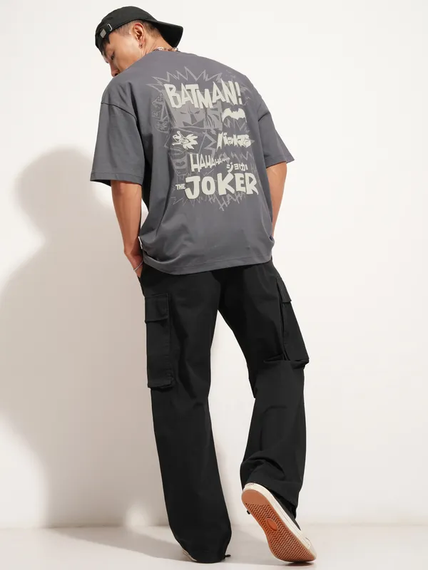 DC By Highlander Men Grey Batman Printed Round Neck Oversized Fit T-Shirt