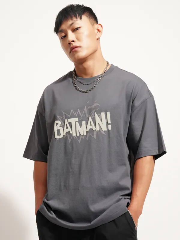 DC By Highlander Men Grey Batman Printed Round Neck Oversized Fit T-Shirt