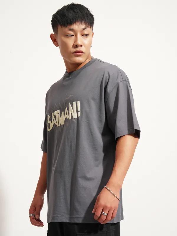 DC By Highlander Men Grey Batman Printed Round Neck Oversized Fit T-Shirt