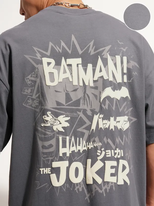 DC By Highlander Men Grey Batman Printed Round Neck Oversized Fit T-Shirt