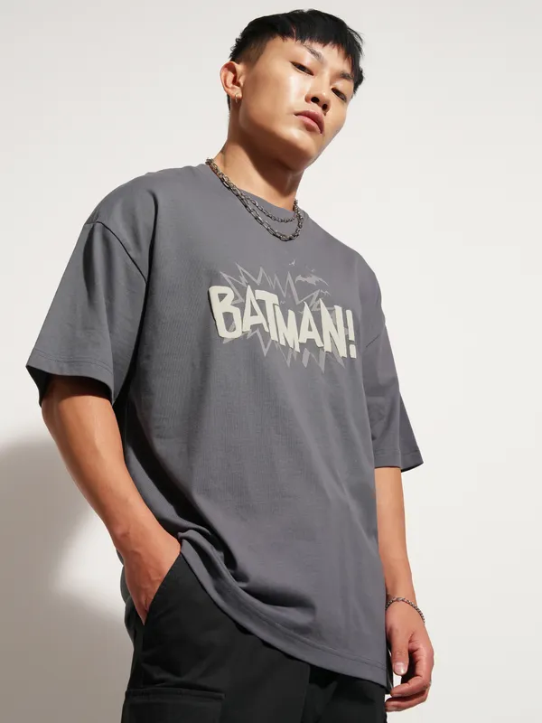 DC By Highlander Men Grey Batman Printed Round Neck Oversized Fit T-Shirt