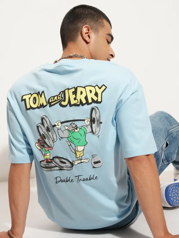 WB By Highlander Men Blue Tom And Jerry Printed Round Neck Oversized Fit T-Shirt