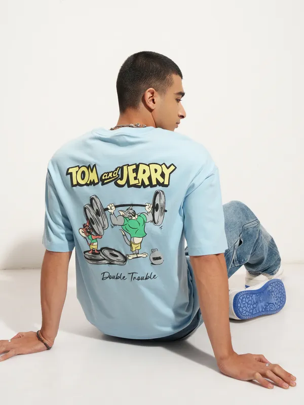 WB By Highlander Men Blue Tom And Jerry Printed Round Neck Oversized Fit T-Shirt
