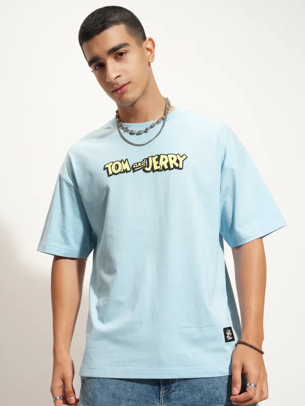 WB By Highlander Men Blue Tom And Jerry Printed Round Neck Oversized Fit T-Shirt