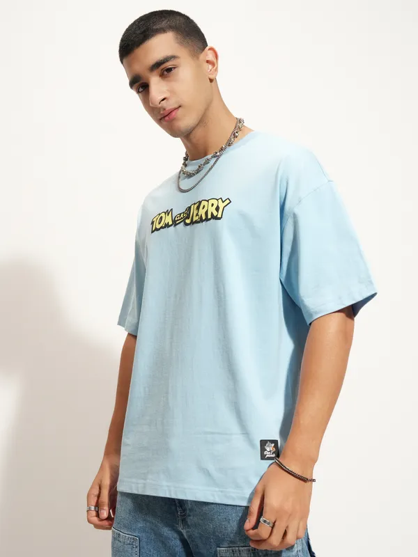 WB By Highlander Men Blue Tom And Jerry Printed Round Neck Oversized Fit T-Shirt