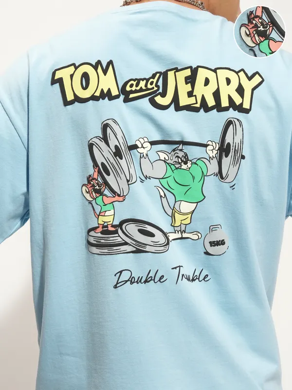 WB By Highlander Men Blue Tom And Jerry Printed Round Neck Oversized Fit T-Shirt