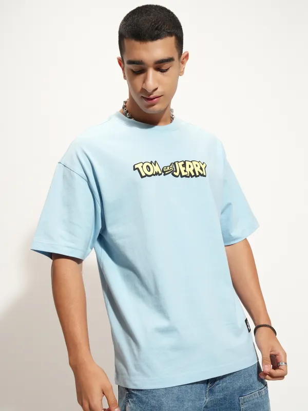 WB By Highlander Men Blue Tom And Jerry Printed Round Neck Oversized Fit T-Shirt