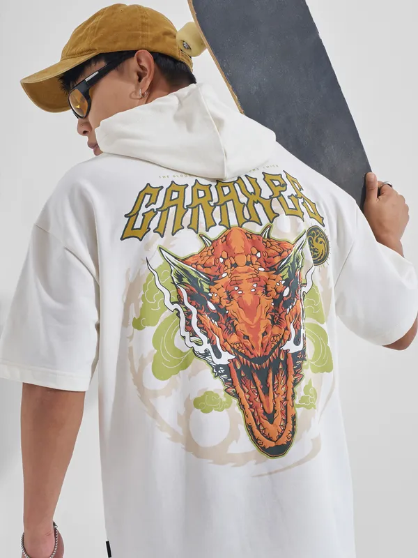 WB By Highlander Men Off White House Of The Dragon Printed Hood Oversized Fit T-Shirt