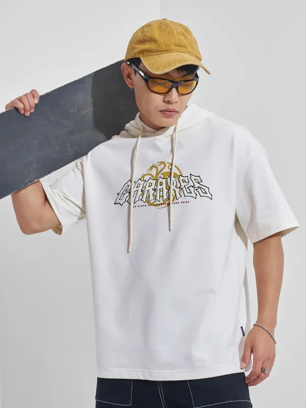 WB By Highlander Men Off White House Of The Dragon Printed Hood Oversized Fit T-Shirt