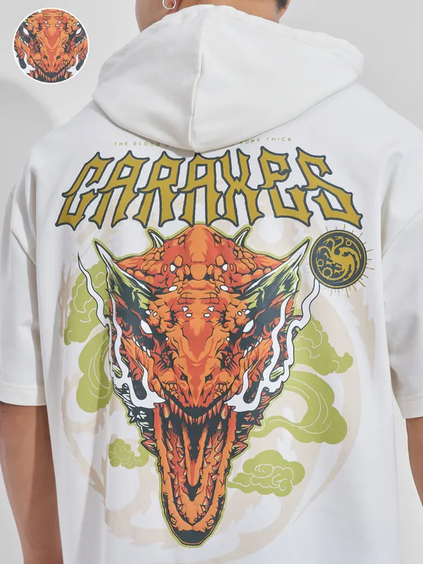 WB By Highlander Men Off White House Of The Dragon Printed Hood Oversized Fit T-Shirt