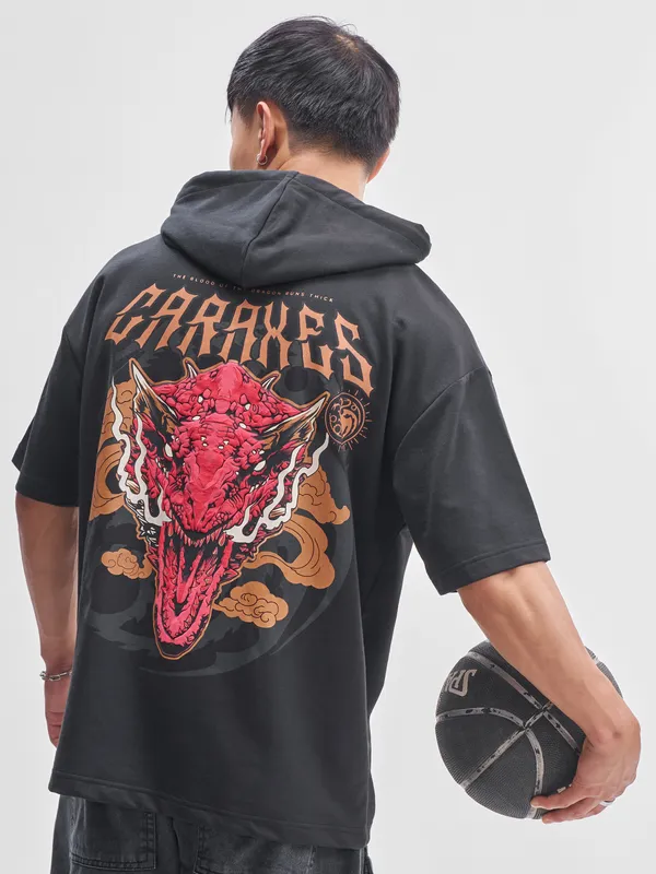 WB By Highlander Men Black House Of The Dragon Printed Hood Oversized Fit T-Shirt