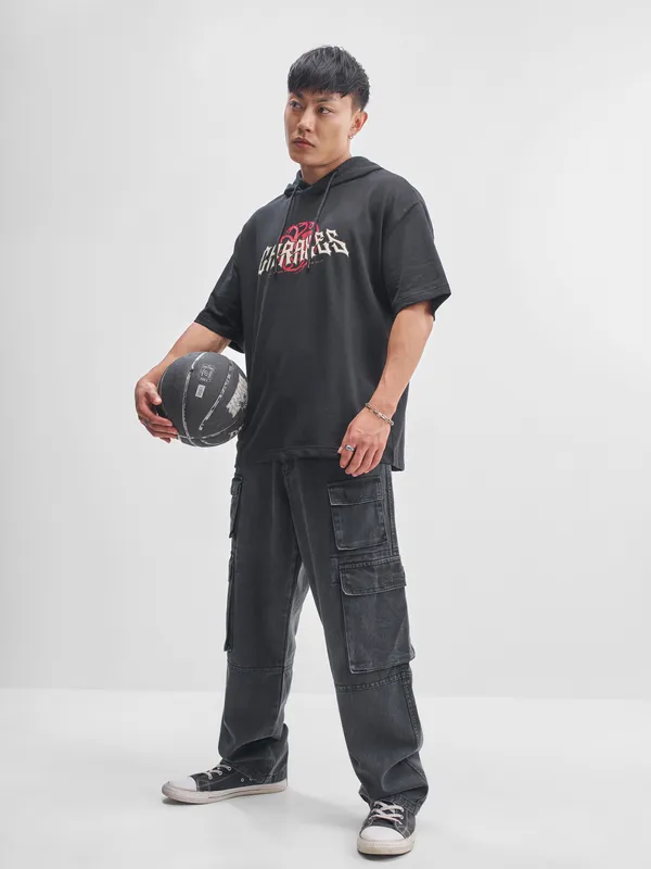 WB By Highlander Men Black House Of The Dragon Printed Hood Oversized Fit T-Shirt