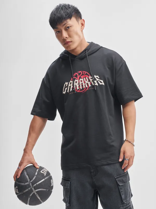 WB By Highlander Men Black House Of The Dragon Printed Hood Oversized Fit T-Shirt