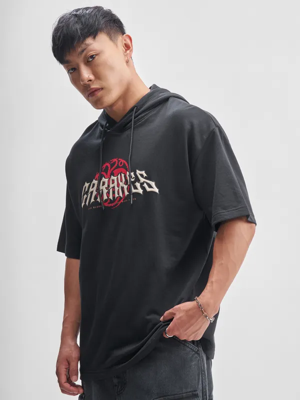 WB By Highlander Men Black House Of The Dragon Printed Hood Oversized Fit T-Shirt