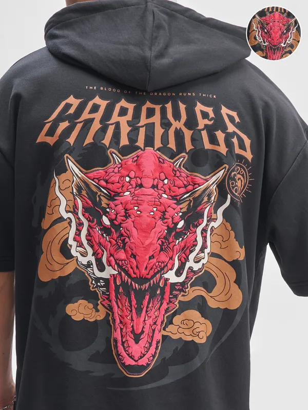 WB By Highlander Men Black House Of The Dragon Printed Hood Oversized Fit T-Shirt