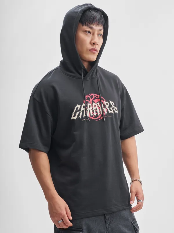 WB By Highlander Men Black House Of The Dragon Printed Hood Oversized Fit T-Shirt