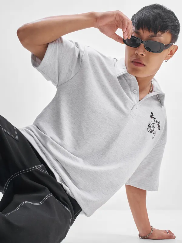 WB By Highlander Men Grey Rick And Morty Printed Polo Collar T-Shirt