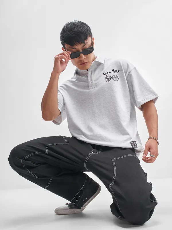 WB By Highlander Men Grey Rick And Morty Printed Polo Collar T-Shirt