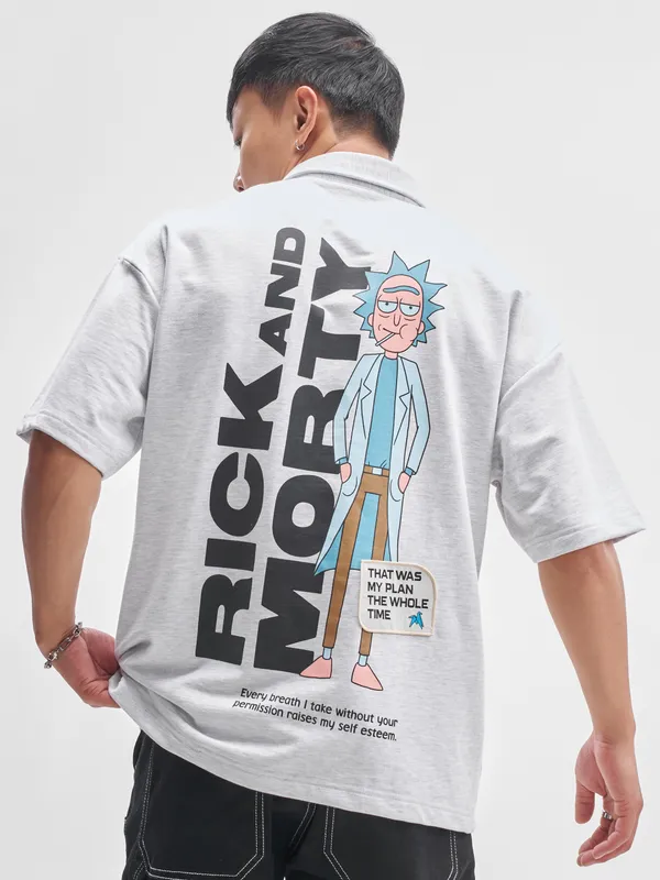 WB By Highlander Men Grey Rick And Morty Printed Polo Collar T-Shirt