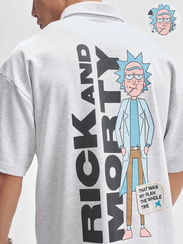 WB By Highlander Men Grey Rick And Morty Printed Polo Collar T-Shirt