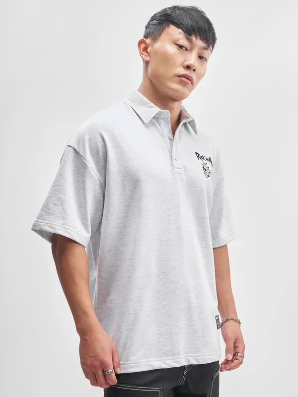 WB By Highlander Men Grey Rick And Morty Printed Polo Collar T-Shirt