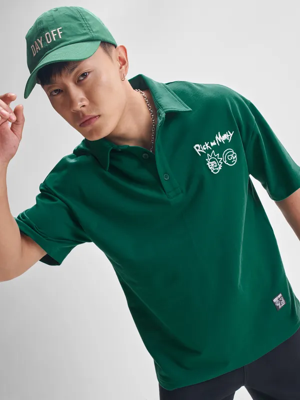 WB By Highlander Men Green Rick And Morty Printed Polo Collar T Shirt