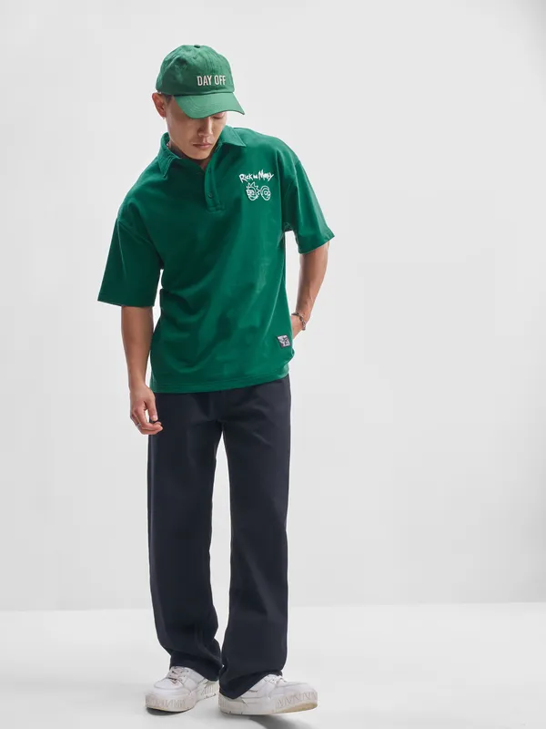 WB By Highlander Men Green Rick And Morty Printed Polo Collar T Shirt