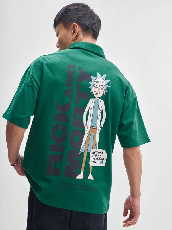 WB By Highlander Men Green Rick And Morty Printed Polo Collar T Shirt