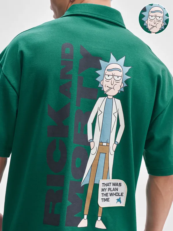WB By Highlander Men Green Rick And Morty Printed Polo Collar T Shirt