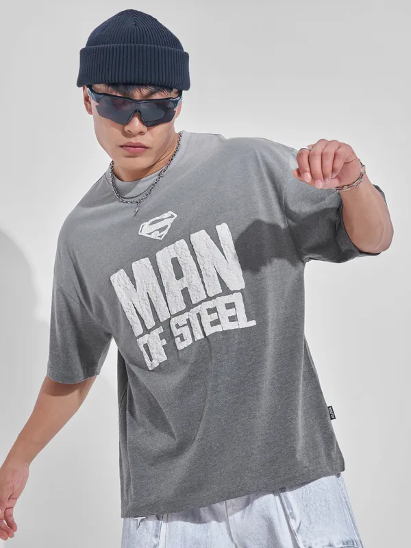 DC By Highlander Men Grey Superman Printed Round Neck Oversized Fit T-Shirt