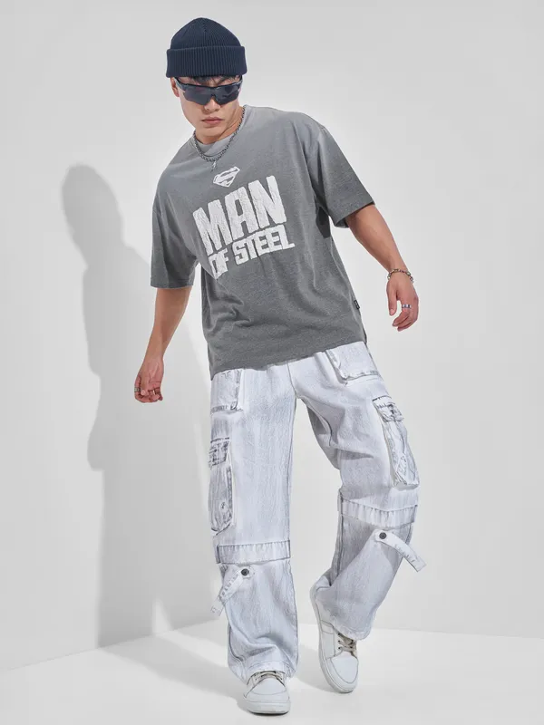 DC By Highlander Men Grey Superman Printed Round Neck Oversized Fit T-Shirt