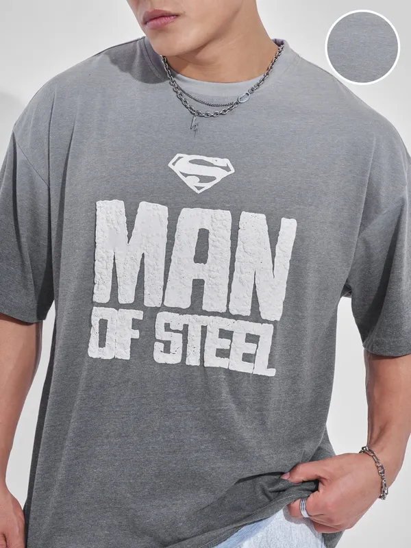 DC By Highlander Men Grey Superman Printed Round Neck Oversized Fit T-Shirt