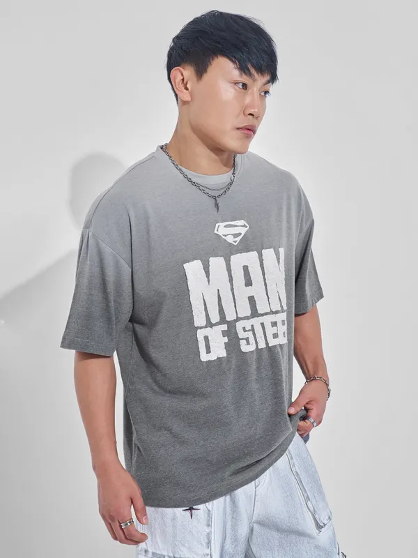DC By Highlander Men Grey Superman Printed Round Neck Oversized Fit T-Shirt