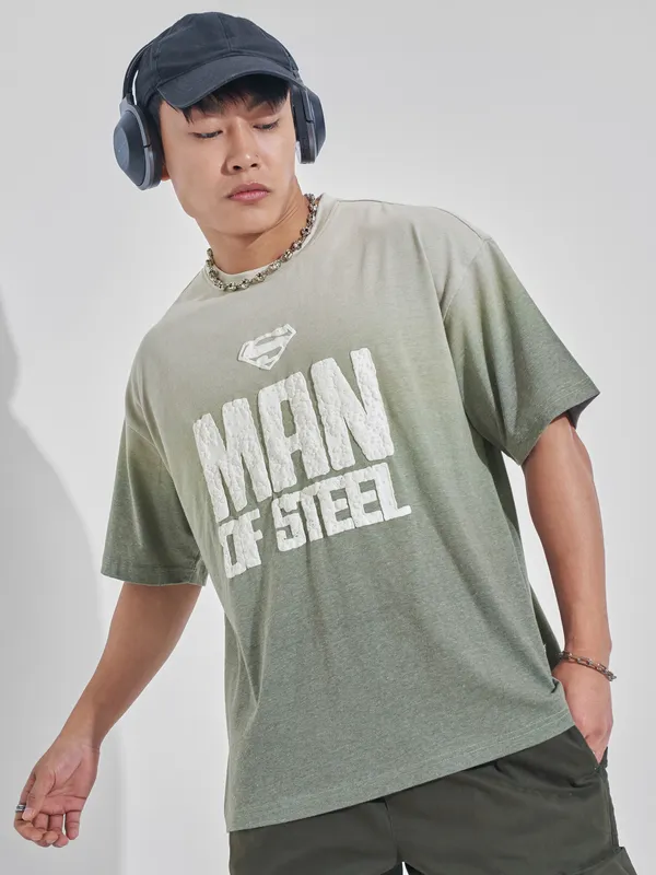 DC By Highlander Men Olive Superman Printed Round Neck Oversized Fit T-Shirt