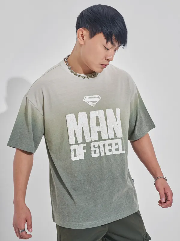 DC By Highlander Men Olive Superman Printed Round Neck Oversized Fit T-Shirt