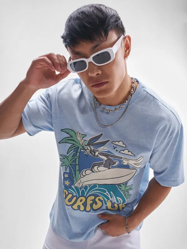 WB By Highlander Men Blue Looney Tunes Printed Round Neck T-Shirt
