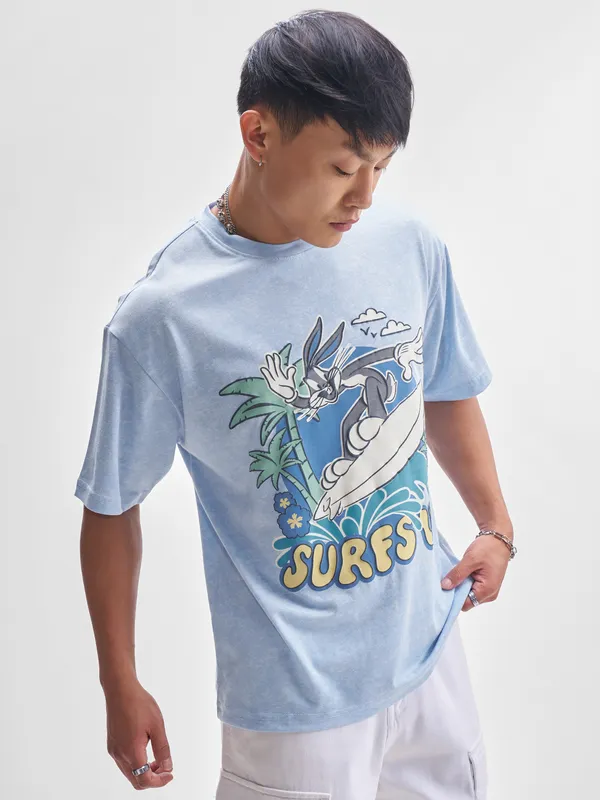 WB By Highlander Men Blue Looney Tunes Printed Round Neck T-Shirt