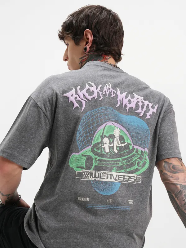 WB By Highlander Men Grey Rick And Morty Printed Round Neck Oversized Fit T-Shirt