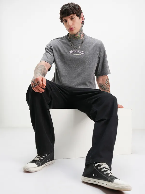 WB By Highlander Men Grey Rick And Morty Printed Round Neck Oversized Fit T-Shirt