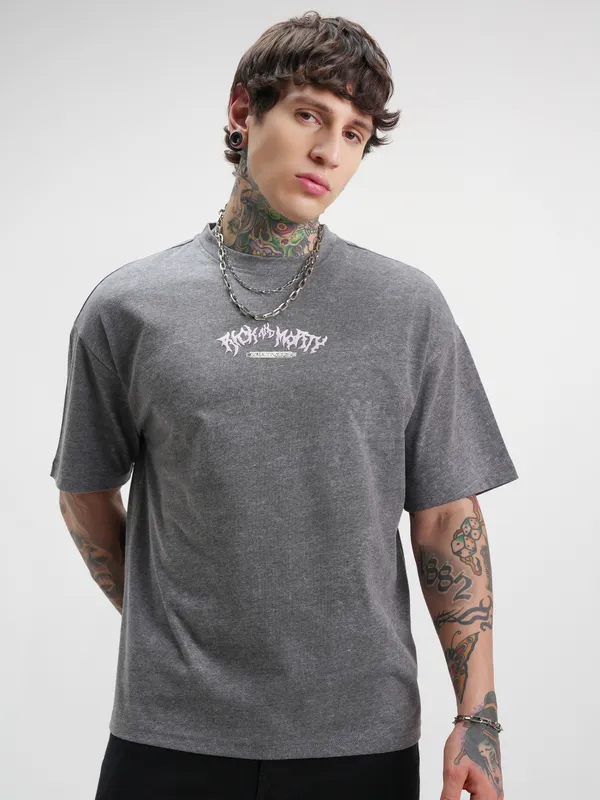 WB By Highlander Men Grey Rick And Morty Printed Round Neck Oversized Fit T-Shirt