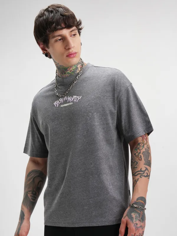 WB By Highlander Men Grey Rick And Morty Printed Round Neck Oversized Fit T-Shirt