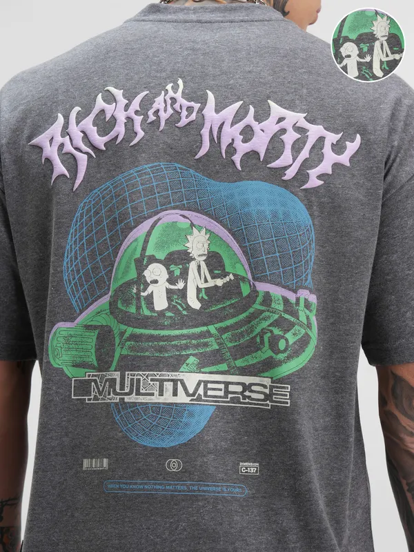 WB By Highlander Men Grey Rick And Morty Printed Round Neck Oversized Fit T-Shirt