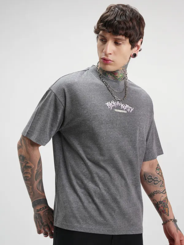 WB By Highlander Men Grey Rick And Morty Printed Round Neck Oversized Fit T-Shirt