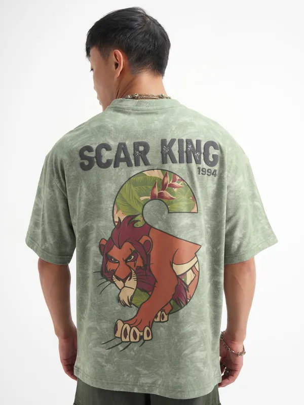 Disney By Highlander Men Green Lion King Printed Round Neck Oversized Fit T-Shirt