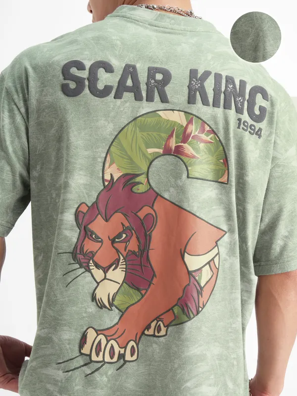 Disney By Highlander Men Green Lion King Printed Round Neck Oversized Fit T-Shirt