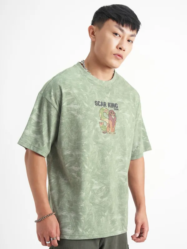 Disney By Highlander Men Green Lion King Printed Round Neck Oversized Fit T-Shirt