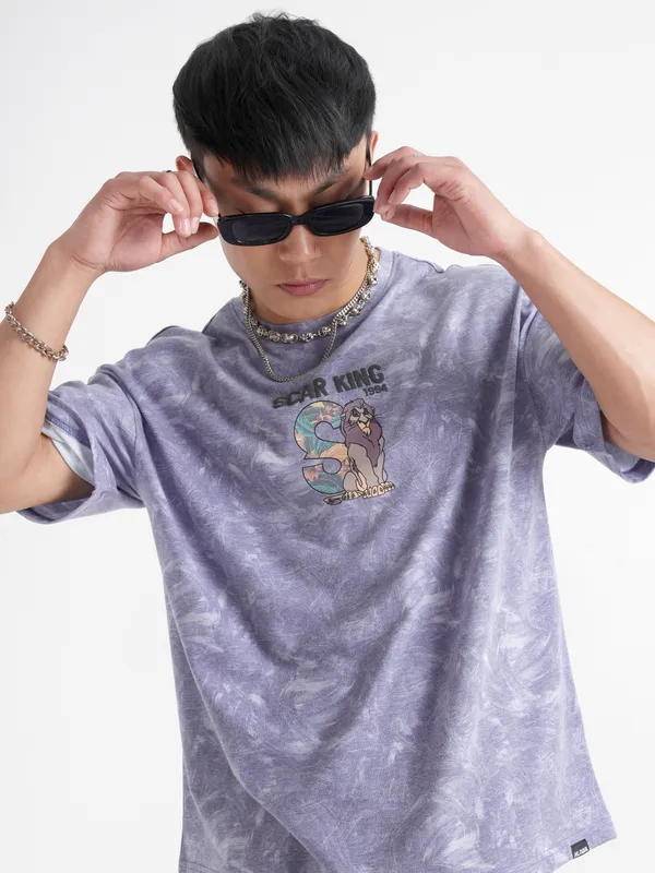 Disney By Highlander Men Purple Lion King Printed Round Neck Oversized Fit T-Shirt