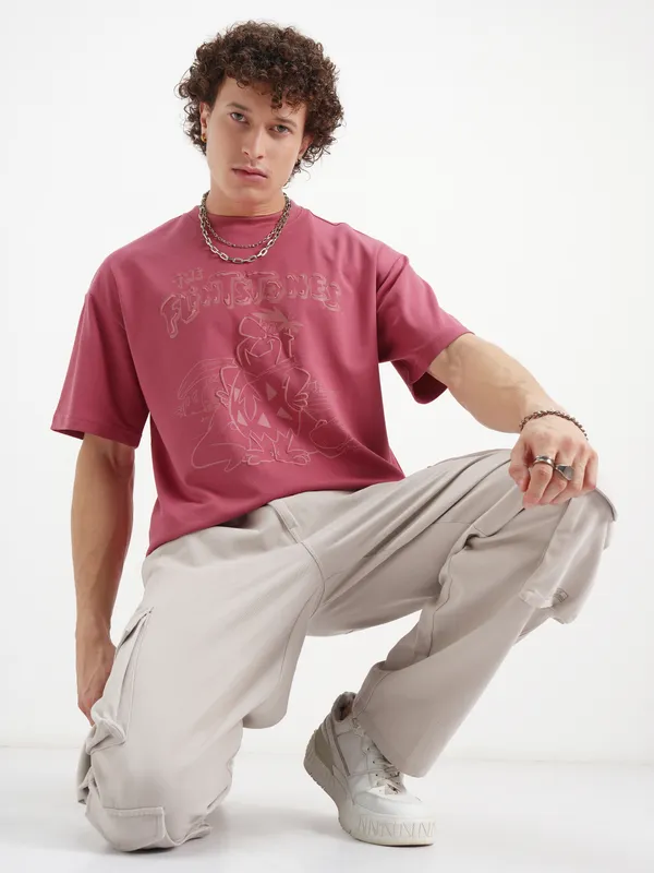 WB By Highlander Men Rust Flintstones Printed Round Neck Oversized Fit T-Shirt