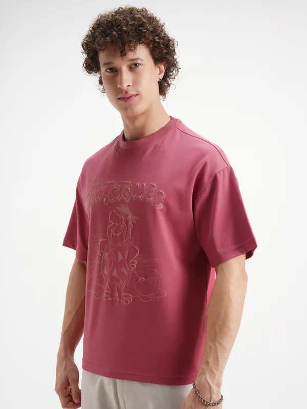 WB By Highlander Men Rust Flintstones Printed Round Neck Oversized Fit T-Shirt